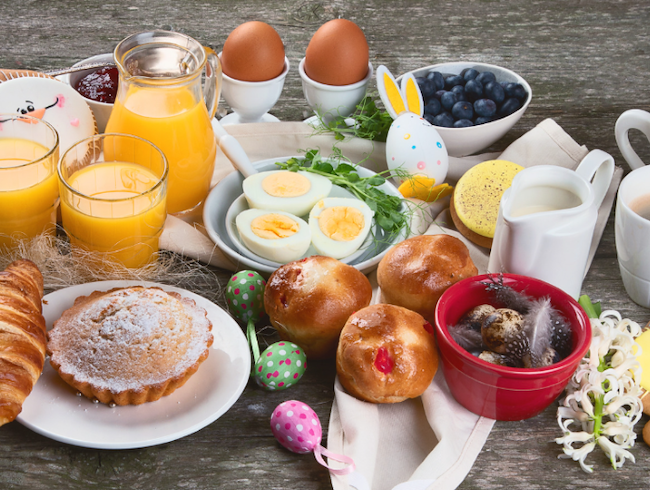 easter brunch table of food, drink and treats