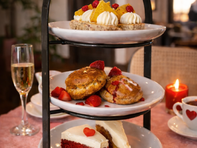 a table with champagne, tea, and sweet treats for a Valentine's Day tea party